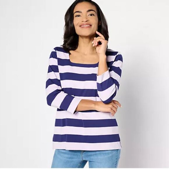 Isaac Mizrahi Live! Essentials Yarn Dye Stripe or Solid Top-Navy Strip, Medium - Picture 1 of 4